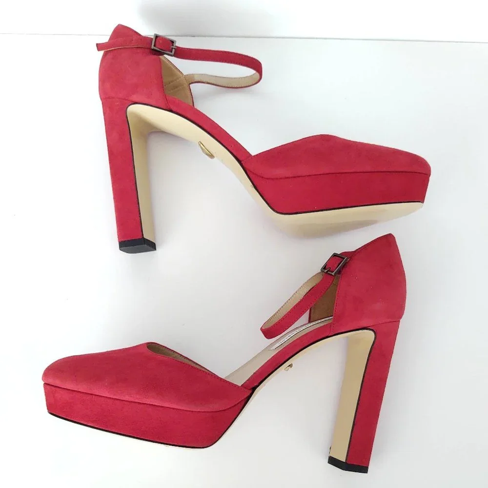 Crimson red suede ankle strap platform pump